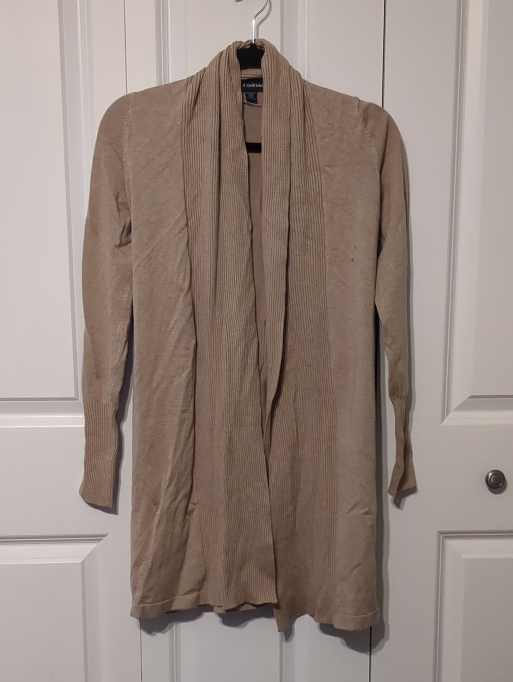 le chateau Open-Front Long Cardigan in Beige
